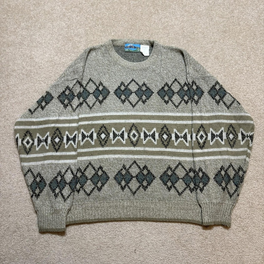 Vtg Geometric Argyle Knit Sweater Mens‎ Large Grandpa Style 90s Wood Land Trail
